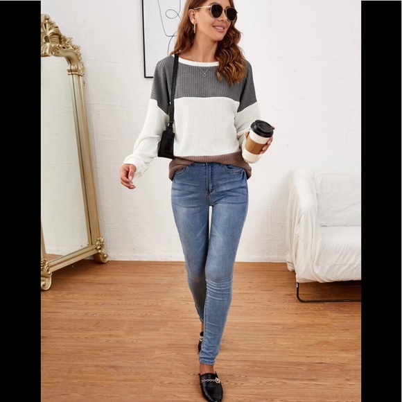 GRAY,CREAM & BROWN COLORBLOCK DROP SHOULDER TEE - Picture 4 of 7